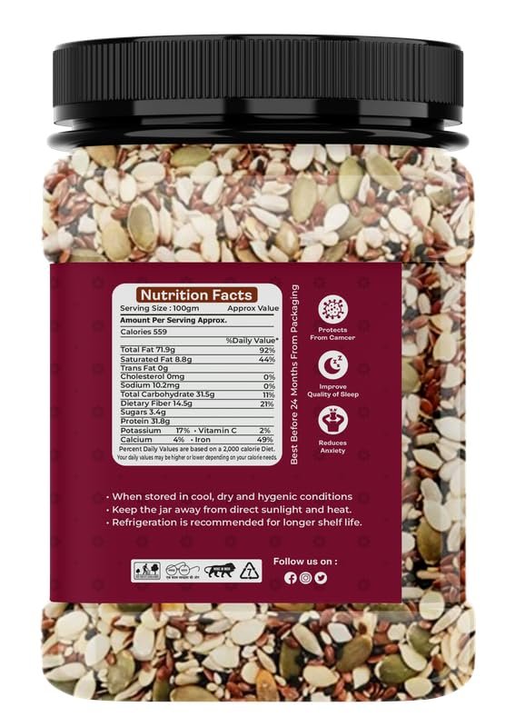 5 in 1 Seeds Mix - Edible Seeds | Healthy | Diet Snacks | 100% Natural and Roasted - Pumpkin, Watermelon, Sunflower, Flax, Chia, Sesame & Soynuts - 500gm - Image 3